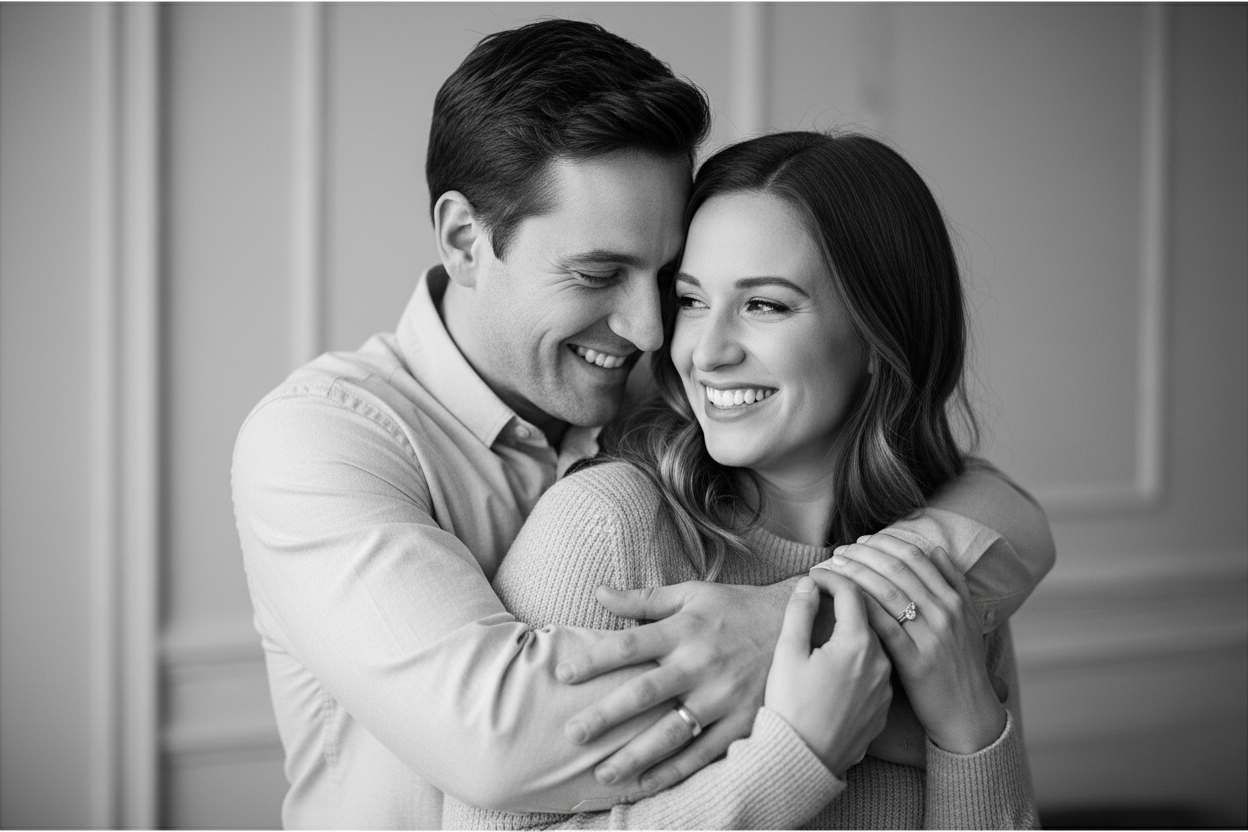 happy couple holding eachother in black in white
